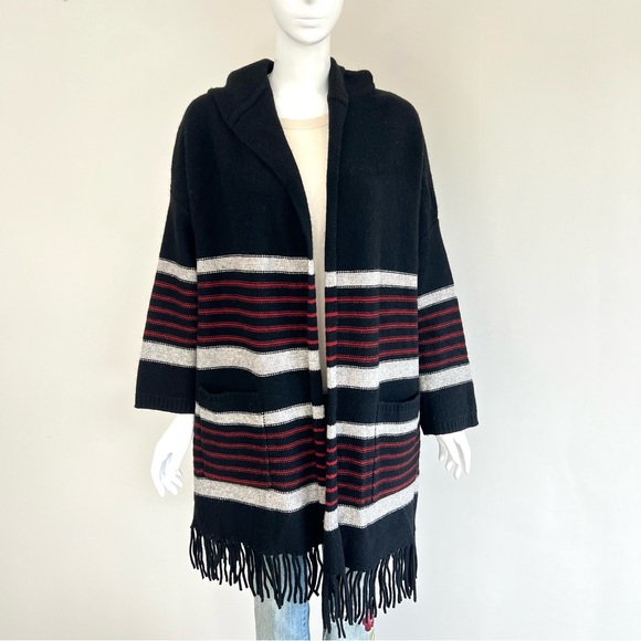 JOIE Gabrina Black Red Hooded Wool Yak Striped Fringe Western Open Cardigan Sz M - Picture 3 of 16